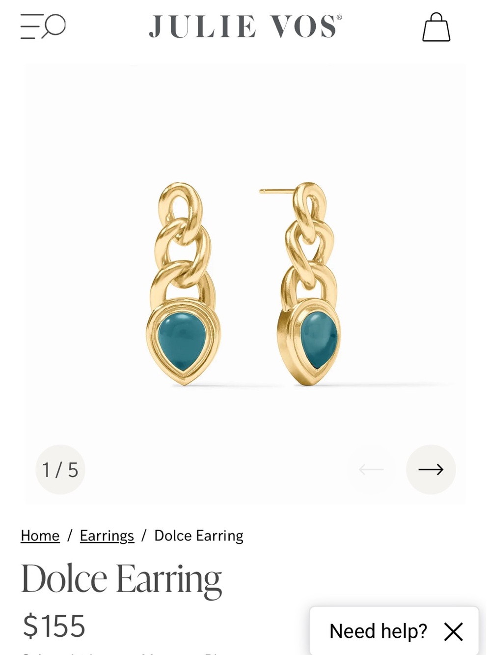 Julie Vos Gold Chain Drop Earrings with Teal Stone
